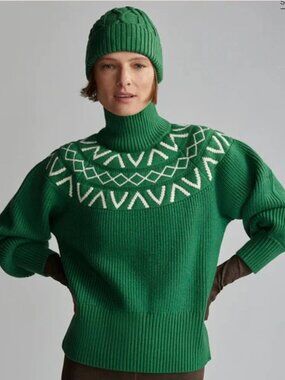 Varley Marcie Fair Isle Yoke Verdant Green Turtleneck Relaxed Fit Sweater S